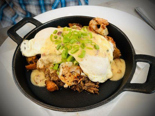 Shrimp, Pulled Pork, Potato, Mushroom, Hash Skillet Special