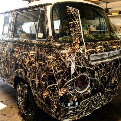 Camouflage VW Bus full wrap in progress