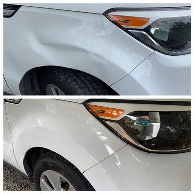 Before and after picture of a large dent removed from the fender of a Kia Soul. Dent repair Lexington, SC