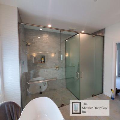 Custom Shower Enclosure (Clear Glass) with Toilet Enclosure (Acid Etch Glass)