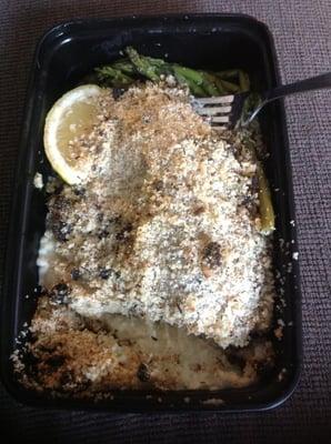 Pan fried tilapia  not a huge fan of this dish because the breadcrumbs were overkill. Delivery woman was awesome and nice!