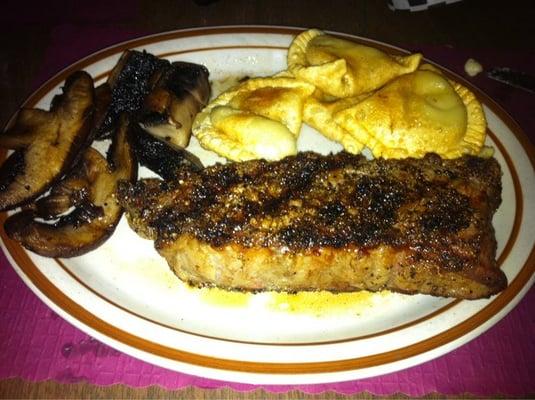 Portobello mushrooms, pierogies, perfectly seasoned New York strip