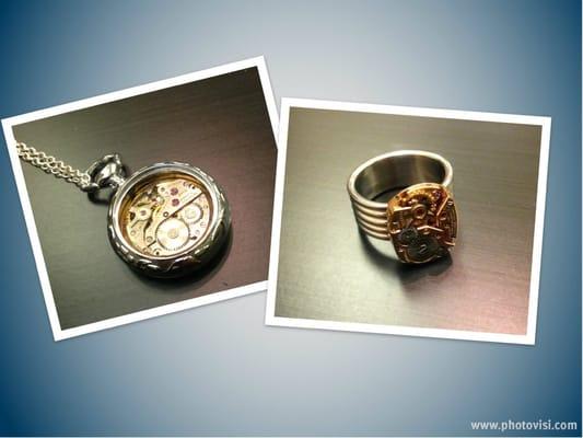 steampunk jewelry from an independent designer who dismantles watches and creates beautiful necklaces, rings and bracelets.