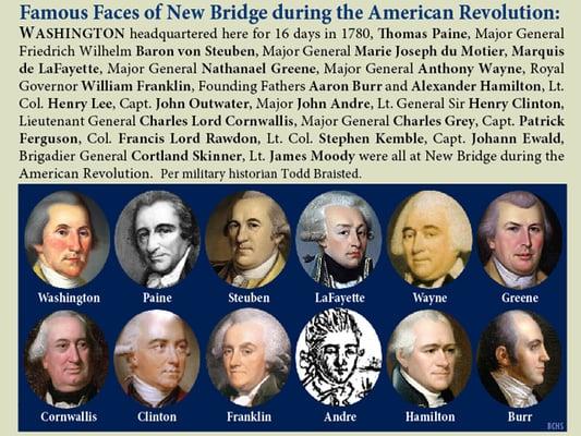 Washington, Paine, Steuben, LaFayette, Greene, Wayne, W.Franklin, Burr, Hamilton, Lee, Outwater, Andre, Cornwallis + were all at New Bridge.