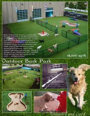 Bark-A-Bout's 12,000 square-foot Outdoor Bark Park is nothing short of PAWsome! The Turf even has a complete underground Sanitiation System!