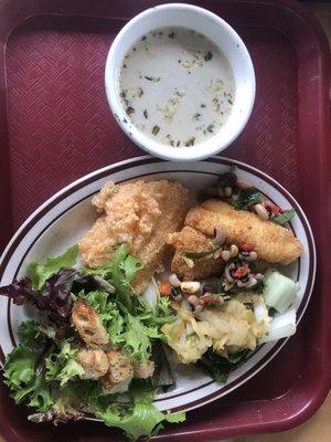 Catfish, polenta, roasted veggies, artichoke soup, salad