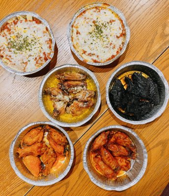 Baked Ziti; Spaghetti; Garlic Parm wings; Blackened with honey wings; Buffalo Wings; Sweet Chili wings