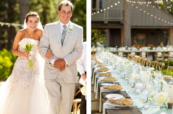 The bride and her father walking; table setting and reception area at a private lakefront estate. Photo Credit: Mike Larson