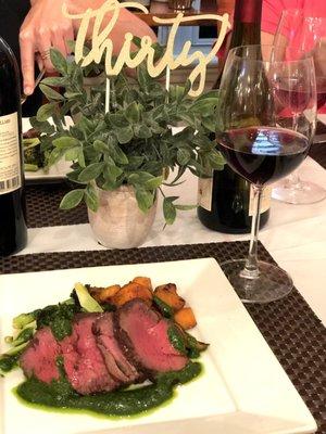 Argentinian style filet (we liked our more rare ;) with a fantastic chimichurri sauce with charred / roasted veggies for the main dish