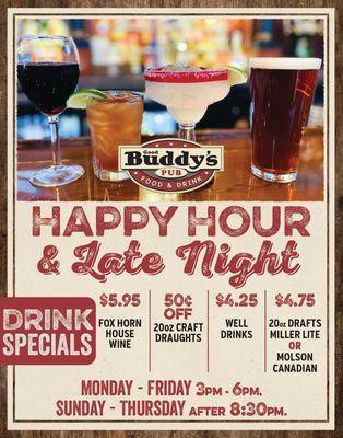 Graphic Design Service
Snap frame promoting Good Buddy's Pub Happy Hour and Late Night Menu.