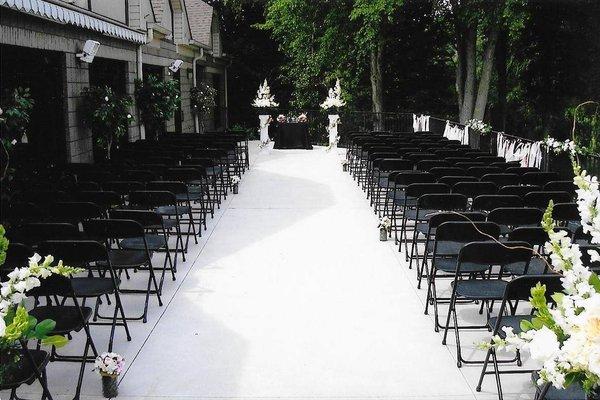 Patio wedding with woods view