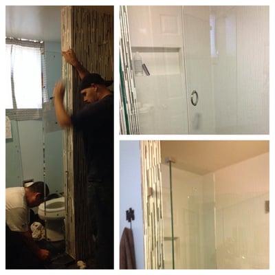 The Burlingame Glass installers and the finished product. I love this bathroom