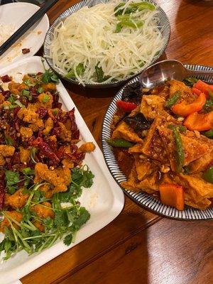 Chili chicken, Potato Shreds, House Made Tofu with Chili Sauce