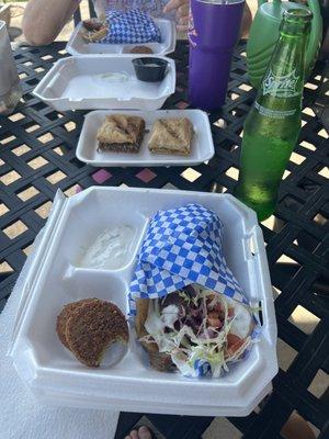 Two gyros and four felafel balls.  Walnut and pistachio baklava.