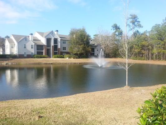 Condo building surrounded by pond