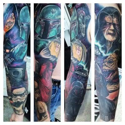 Star Wars Sleeve created by Sonny Baltin. 
 Smokin Guns Tattoo Best tattoos Fayetteville since 1992
 www.sgtattoo.com