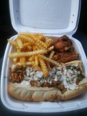 Chicken philly with honey garlic pepper wings