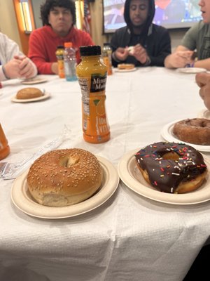 Orange Juice, Chocolate Donut, Everything Bagel