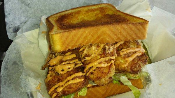 Chicken poboy on Texas Toast with homemade chips  $8.