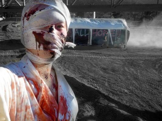 Dressed as Silent Hill Nurse outside the Abandon All Hope Sign at the Zombie Run