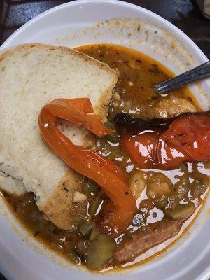 Chicken and sausage gumbo soup, sourdough bread, grilled bell peppers