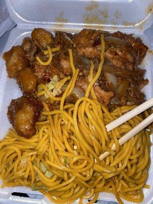 Chow Mein, Orange Chicken, And Spicy Pork