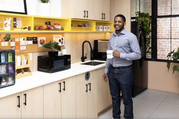 Kitchen with unlimited coffee, snacks, soda and more