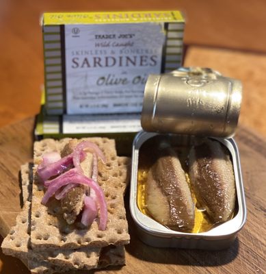 If you like sardines worth trying with homemade sweet pickled onions ( 3 large sardines in can )