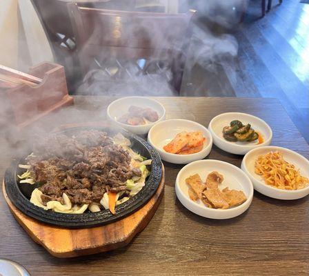 Yuuuuum! Steaming bulgogi. Perfectly sweet, savory and a little spicy.