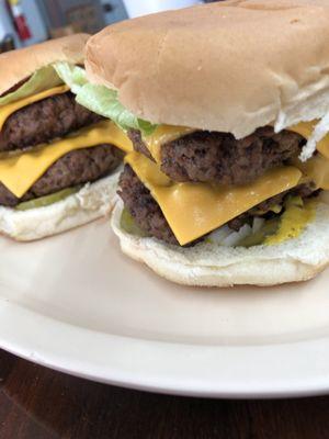 Thick hand patted double cheeseburgers. Yum!