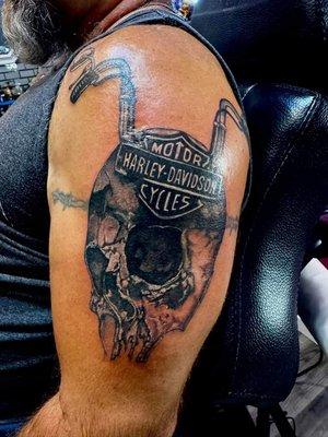 Custom Cover Up Tattoo
 (Skull and Harley Davidson)