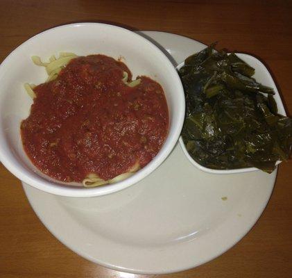 Spaghetti  w/ Meat Sauce and Greens