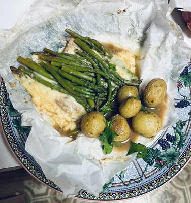 Your veal scallopini, a la Marcella Hazan's veal in parchment with Fontina, asparagus, and Marsala.