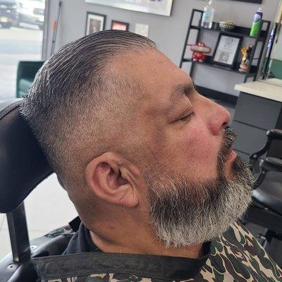 Bald fade comb over with beard Line Up And shave. Cut by Bryan