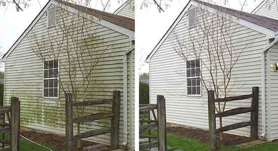 before and after photo of when  River's lawncare &home repair's was hired to pressure wash this home !