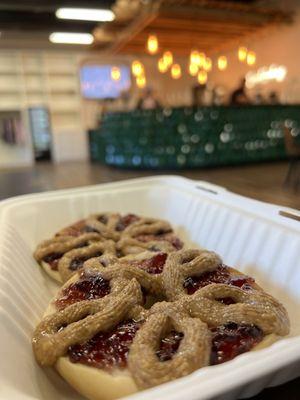 Peanut butter and jelly bagel....   Wow, great treat to have with your morning coffee to get the day started!