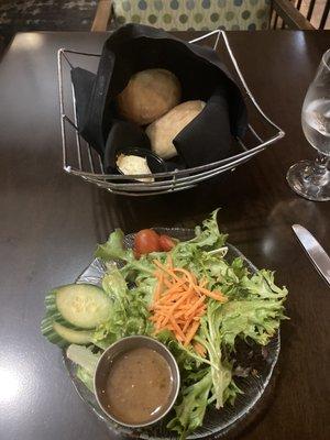 Side salad with Balsamic Vinaigrette and Bread Rolls. Both were delicious. The butter was creamy.