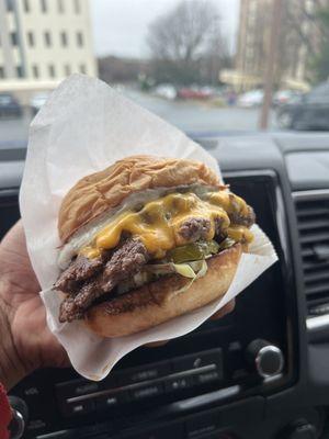 Double Hot Char'd - Double Grass-fed beef, american cheese, onion, pickled jalapenos, CHAR'D jalapeno sauce