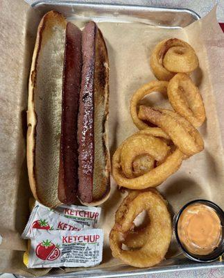 Footlong Hot Dog and onion rings