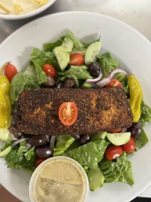 Blacked salmon feta salad