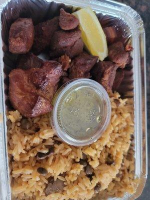 Carne frita w/arroz con gandules