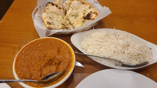 Lamb tiki masala, garlic naan, basmati rice.