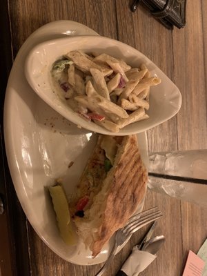 Italian sausage Panini, pasta salad