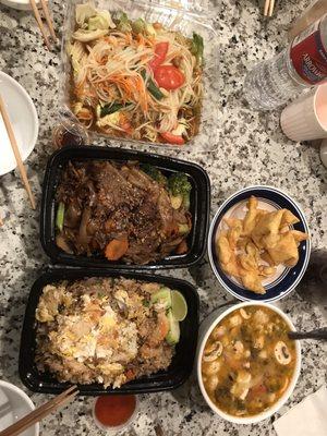 Papaya salad, pad see ew, crab fried rice, crab puff and tom yum