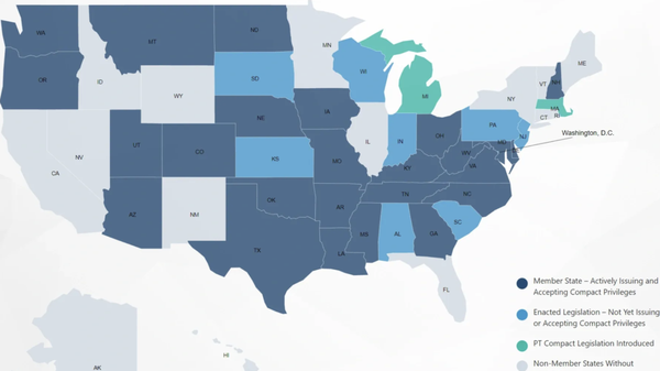 We currently operate in 25 (dark blue) states across the US where legislation has been passed to enable telehealth PT.