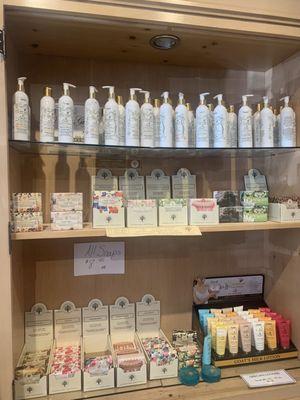 This shelf presents The Grecian Soap Company lotions and other items made here in Temecula.  Pleasantly surprised.