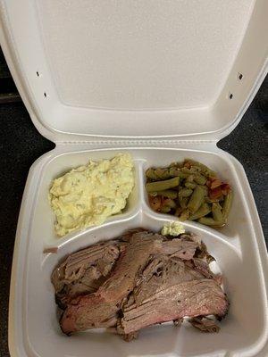 Brisket plate with potato salad and green beans