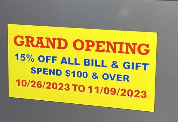 15% off on all bills & gifts spending $100 or more from 10/26/2023 to 11/09/2023