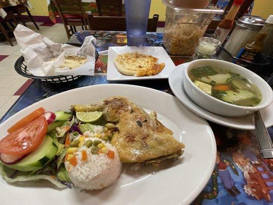 Caldo de Res o de Pollo and a Cheese Pulpusa