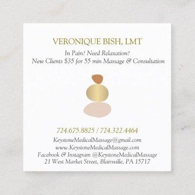 Keystone Medical Massage business card (back)